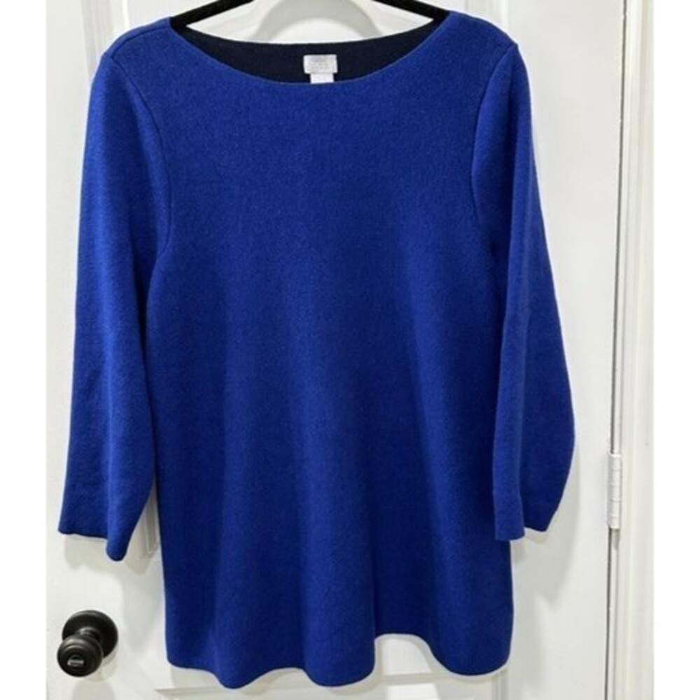 Chico's Womens Sweater Size 2 L Blue Boat Neck 3/4 Sleeve Cotton Blend Pullover